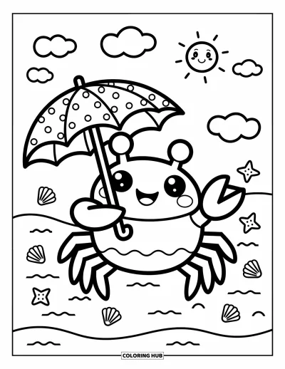 Crab Coloring Page for Adults: A crab stands on the sand holding a polka-dot umbrella with shells and clouds around