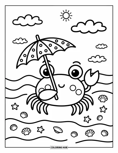 Crab Coloring Page for Adults: A crab stands with a beach umbrella as seashells, starfish, and a smiling sun surround it