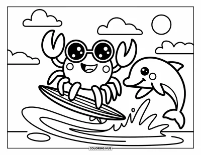 Crab Coloring Page for Adults: A crab surfs a small wave with sunglasses on while a dolphin leaps beside it