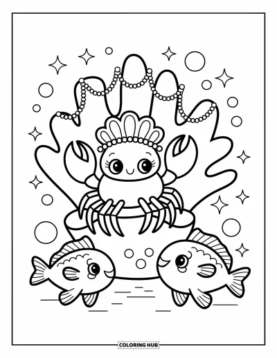 Crab Coloring Page for Adults: A crab wears a pearl crown on a coral throne as playful fish float around