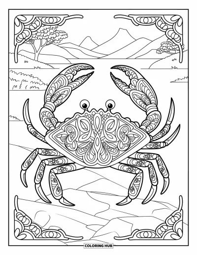 Crab Coloring Page for Adults: A crab with a patterned shell strolls near mountains, trees, and a quiet lake