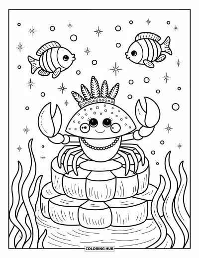 Crab Coloring Page for Adults: A crab with a shell crown sits on coral while fish bow nearby in bubbles