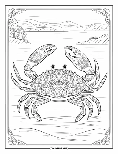 Crab Coloring Page for Adults: A crab with delicate shell designs walks by a peaceful lake with mountains behind