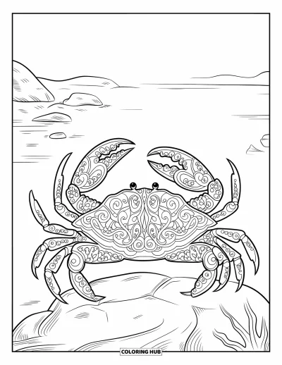 Crab Coloring Page for Adults: A crab with elegant filigree patterns rests on a rock by calm ocean waters