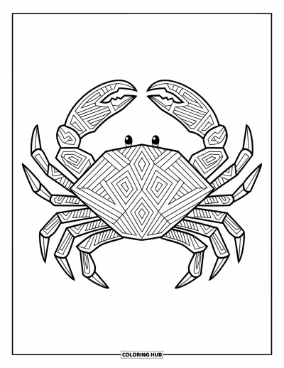 Crab Coloring Page for Adults: A crab with geometric shapes on its shell stands alone on a blank white space