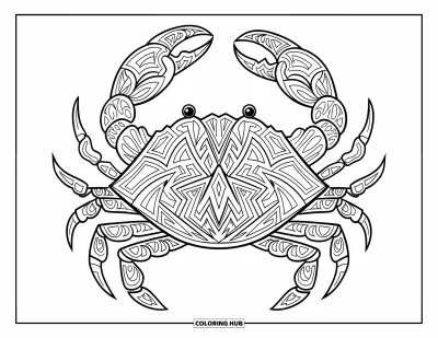 Crab Coloring Page for Adults: A crab with intricate tribal lines stands out boldly against a simple white background