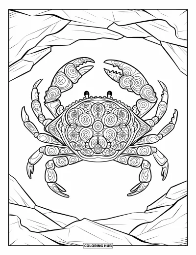 Crab Coloring Page for Adults: A crab with swirling patterns rests on a rock in a clean, open design