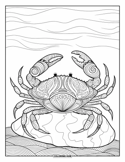 Crab Coloring Page for Adults: A crab with swirling shell patterns sits calmly by a gentle ocean