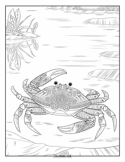 Crab Coloring Page for Adults: A crab with swirly patterns sits on rocks by still water and scattered plants