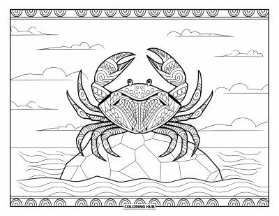 Crab Coloring Page for Adults: A crab with tribal patterns rests on a rock surrounded by waves and fluffy clouds