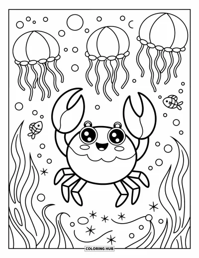 Crab Coloring Page for Adults: A cute crab throws its claws up joyfully as fish and jellyfish swirl nearby