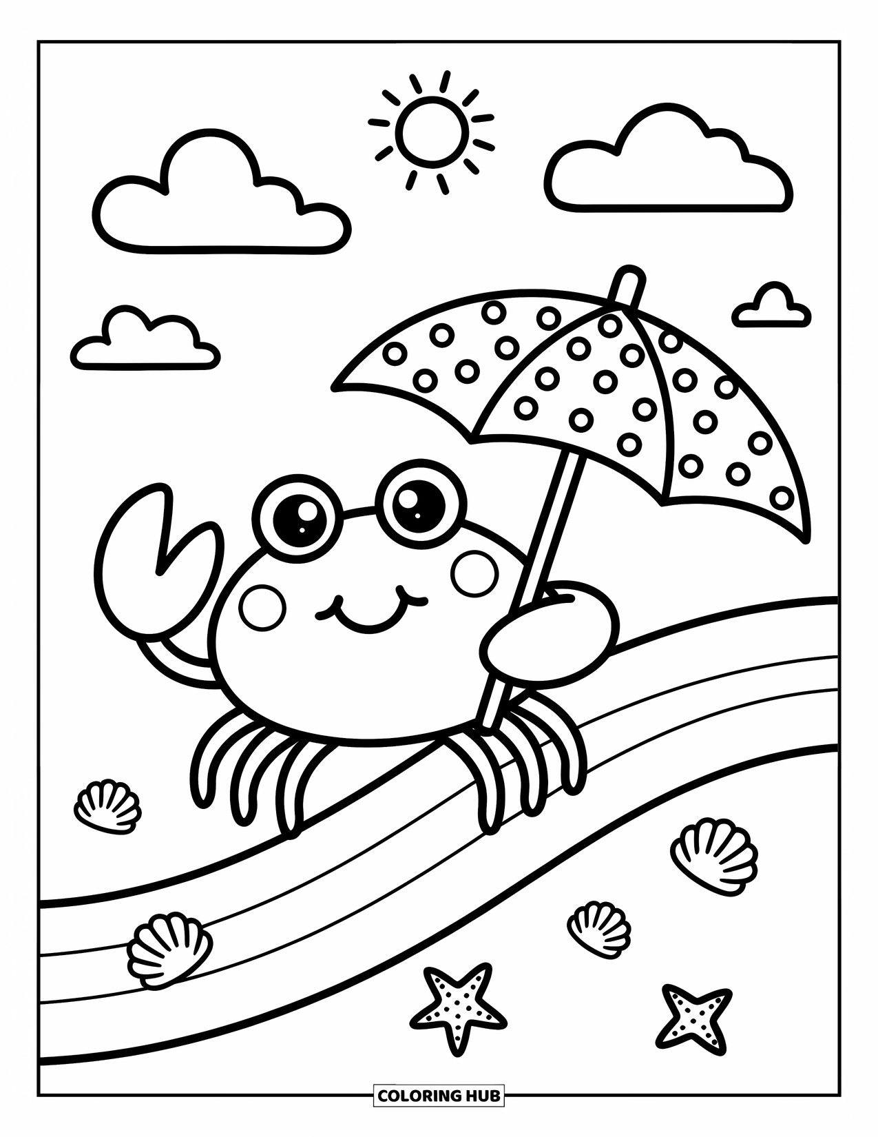 Desenho de caranguejo para colorir para adultos: Um caranguejo fofo com um guarda-chuva fica em praias arenosas com sol e estrelas-do-mar por perto