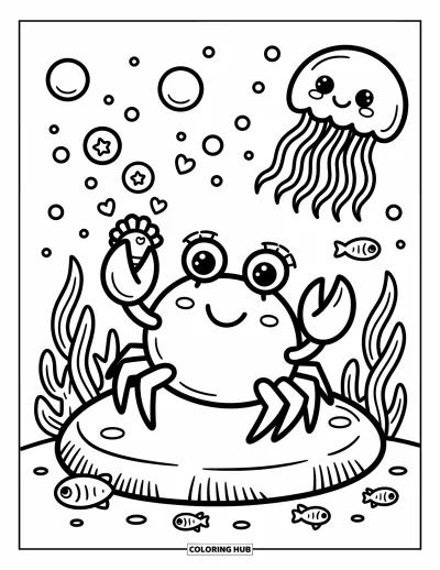 Crab Coloring Page for Adults: A happy crab blows bubbly stars and hearts while seaweed and sea creatures swirl around