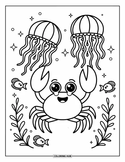 Crab Coloring Page for Adults: A happy crab dances with jellyfish and fish in a magical underwater scene