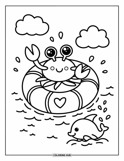 Crab Coloring Page for Adults: A happy crab drifts on a lifebuoy with a dolphin splashing and smiling clouds above