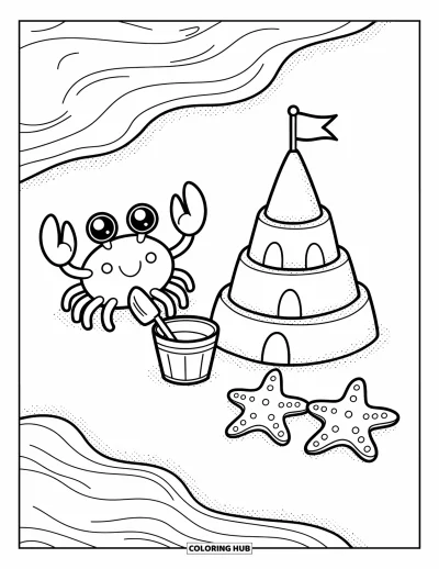 Crab Coloring Page for Adults: A happy crab with a shovel builds a sandcastle while two starfish cheer it on