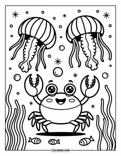 Crab Coloring Page for Adults: A joyful crab raises its claws as glowing jellyfish and playful fish float around