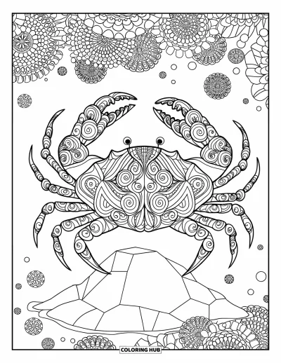 Crab Coloring Page for Adults: A mandala crab rests on a rock with circular patterns all around it