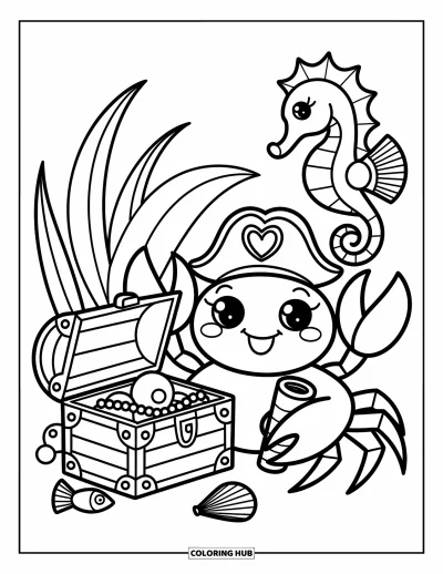 Crab Coloring Page for Adults: A mischievous crab in a pirate hat sits beside a treasure chest with sea pals