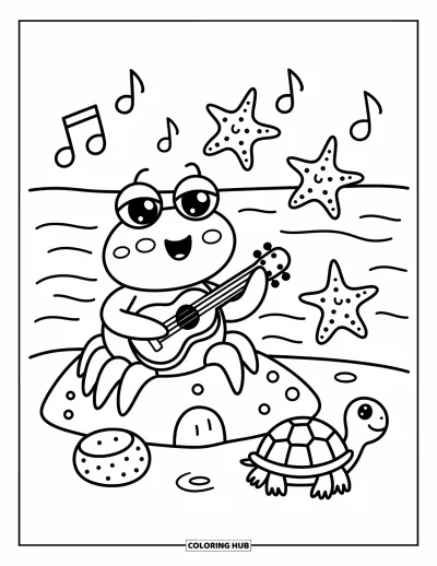 Crab Coloring Page for Adults: A musical crab plays on a rock with dancing starfish and a turtle nearby