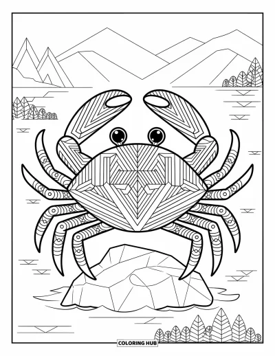 Crab Coloring Page for Adults: A patterned crab rests on a rock with trees, water, and sky in the background