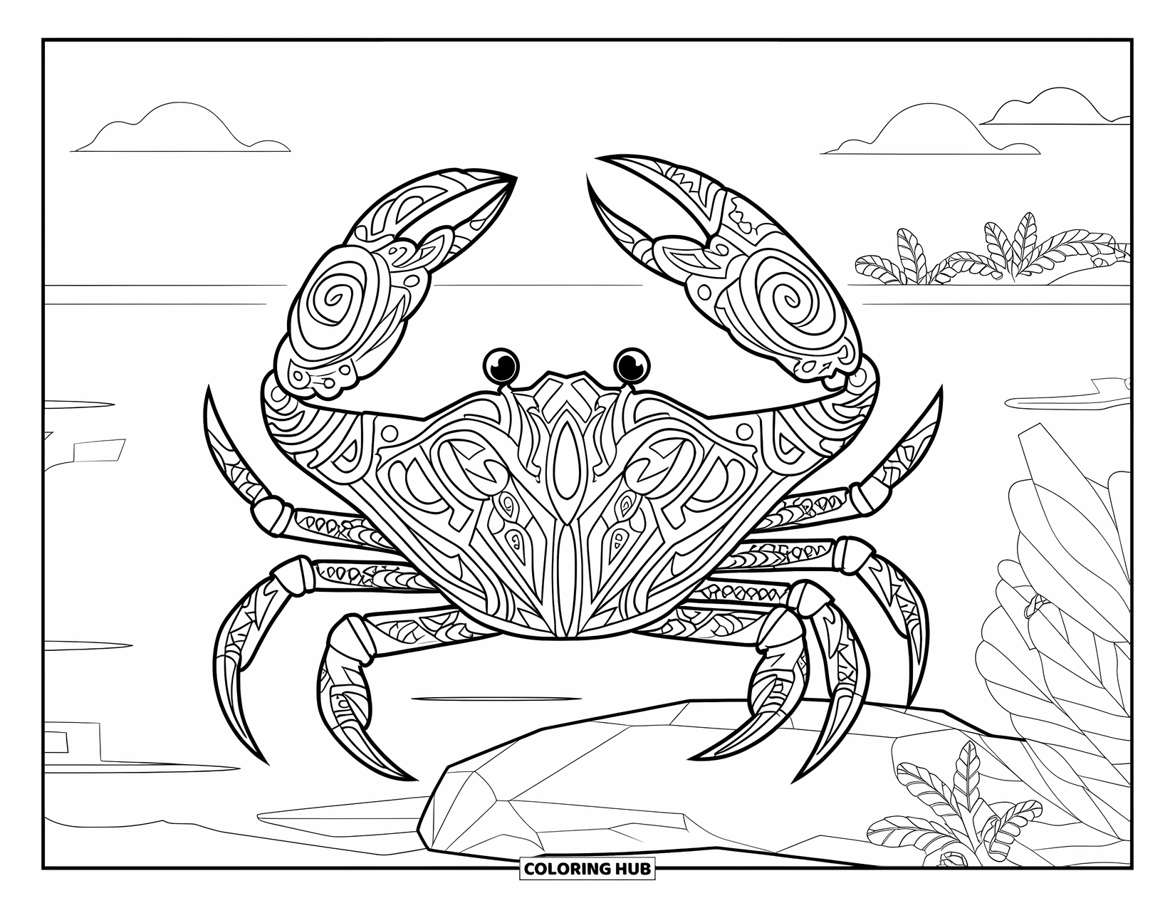 Desenho de caranguejo para colorir para adultos: Um caranguejo estampado senta-se perto da costa com plantas e nuvens em um ambiente tranquilo