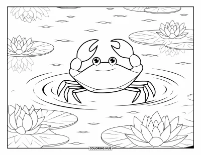 Crab Coloring Page for Adults: A peaceful crab floats among lotus flowers and gentle ripples on a calm lake