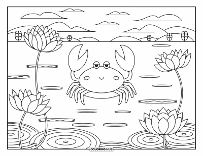 Crab Coloring Page for Adults: A peaceful crab floats with lotus flowers in a quiet lake with mountains in the distance