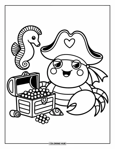 Crab Coloring Page for Adults: A proud crab with a pirate hat guards a treasure chest and is joined by sea friends