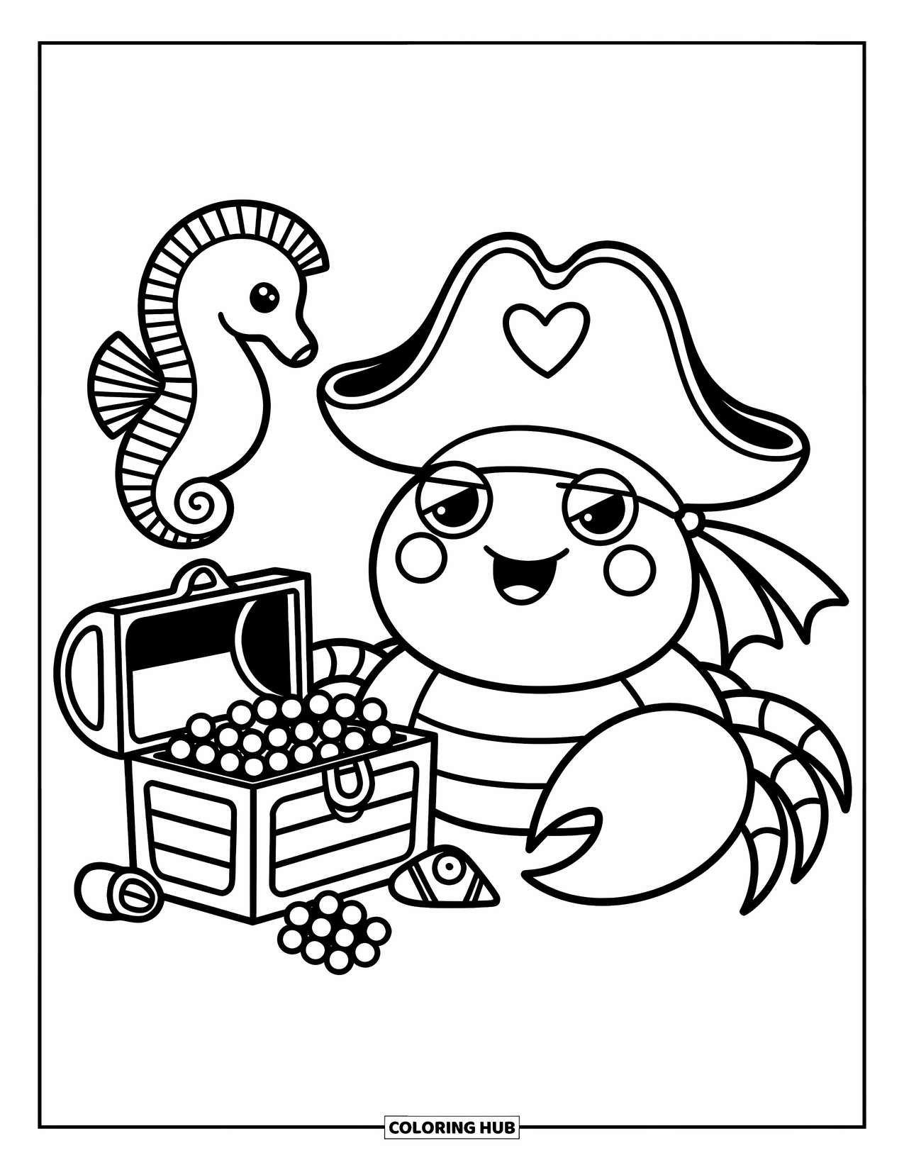 Desenho de caranguejo para colorir para adultos: Um caranguejo orgulhoso com um chapéu de pirata guarda um baú de tesouro e é acompanhado por amigos do mar