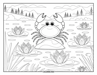 Crab Coloring Page for Adults: A relaxed crab perches on a rock among lotus blooms and soft water ripples