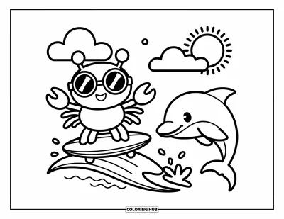 Crab Coloring Page for Adults: A surfing crab with big sunglasses rides waves with a dolphin under a sunny sky