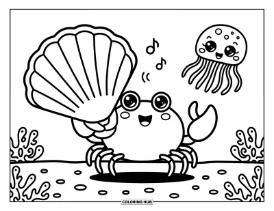 Crab Coloring Page for Adults: A surprised crab listens to a shell phone as a giggling jellyfish floats by