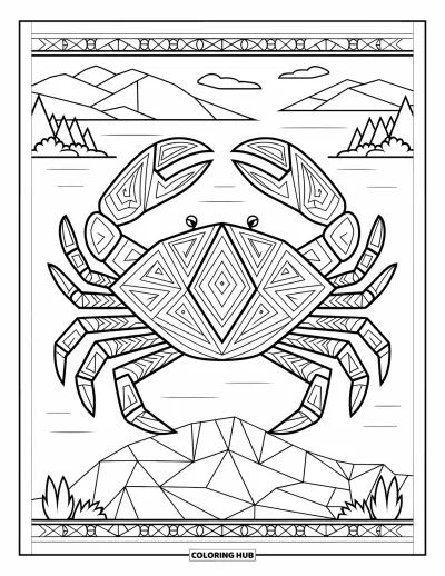 Crab Coloring Page for Adults: A symmetrical crab walks across rocky ground with patterns decorating its body