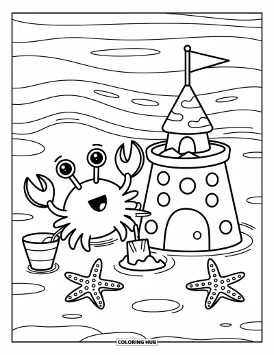 Crab Coloring Page for Adults: A tiny crab builds a sandcastle with a little shovel and curious starfish watching
