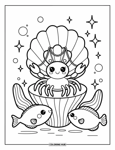 Crab Coloring Page for Adults: A tiny crab sits like royalty on a coral throne with fish bowing nearby