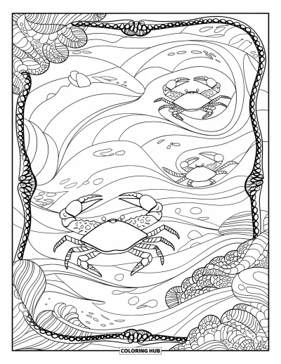 Crab Coloring Page for Adults: Crabs glide through wavy seas with seaweed, rocks, and ornate patterns all around