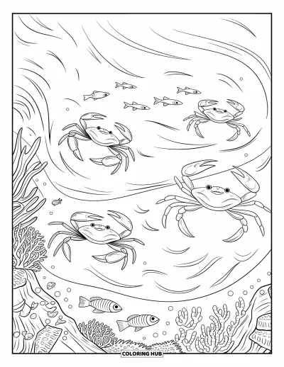 Crab Coloring Page for Adults: Crabs move gracefully among coral, fish, and seaweed in a busy underwater reef