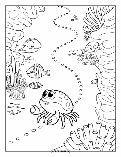 Crab Coloring Page for Kids: A baby crab follows a dotted path through a coral reef full of life