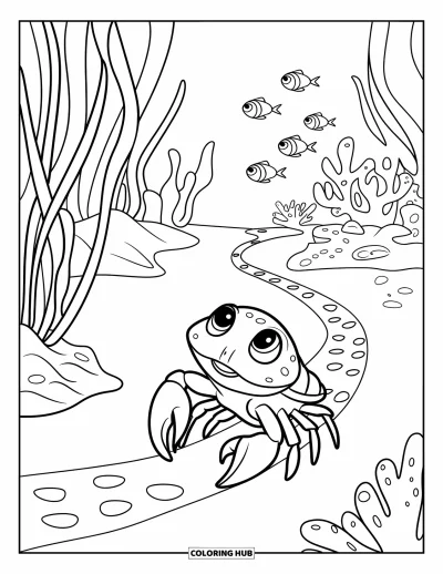 Crab Coloring Page for Kids: A baby crab follows a dotted path through seaweed to its cozy home