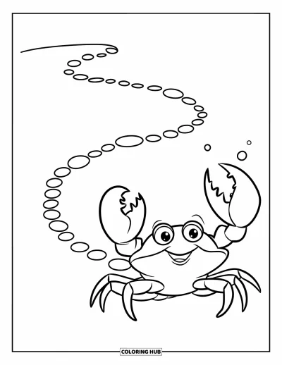 Crab Coloring Page for Kids: A baby crab with big claws follows a dotted line to its underwater home
