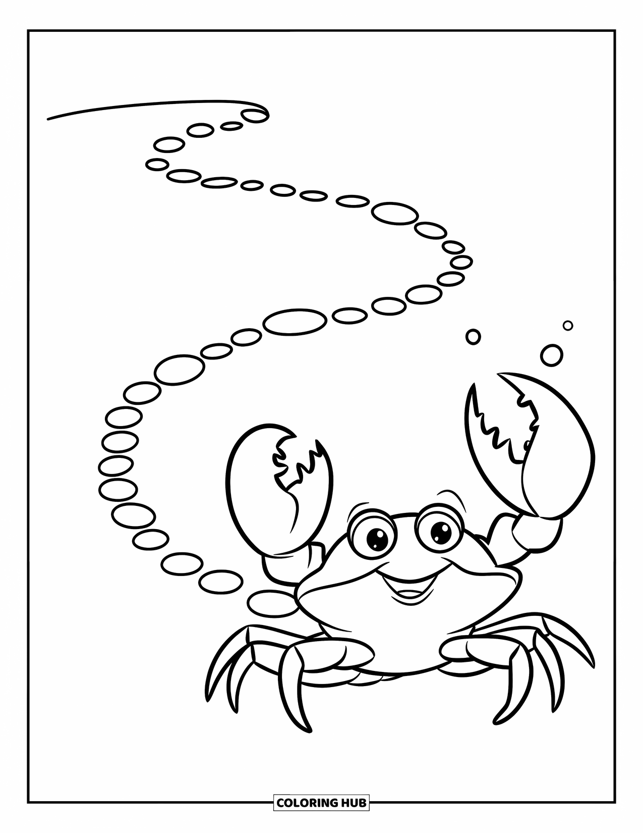 Desenho de Caranguejo para Colorir para Crianças: Um filhote de caranguejo com garras grandes segue uma linha pontilhada até sua casa subaquática