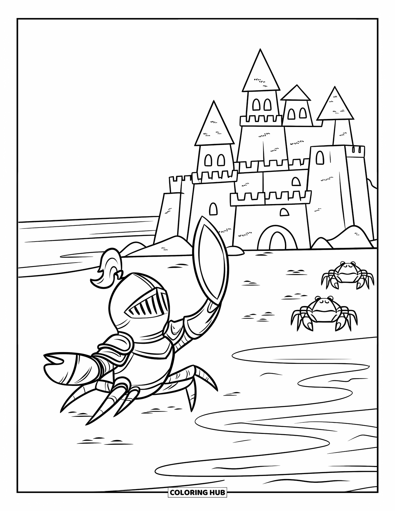 Desenho de Caranguejo para Colorir para Crianças: Um pequeno caranguejo corajoso defende uma fortaleza de castelo de areia com pequenos caranguejos por perto