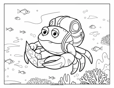 Crab Coloring Page for Kids: A brave little crab with a backpack maps his way through coral