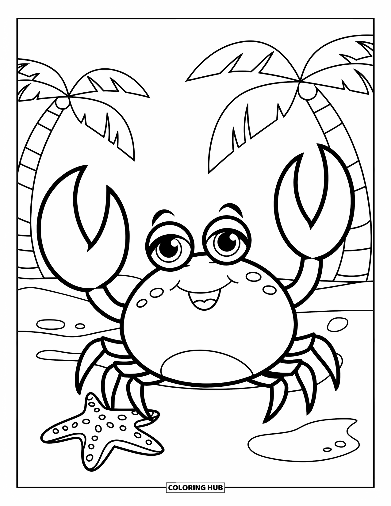 Desenho de Caranguejo para Colorir para Crianças: Um caranguejo de desenho animado acena ao lado de uma estrela-do-mar com palmeiras ao longe