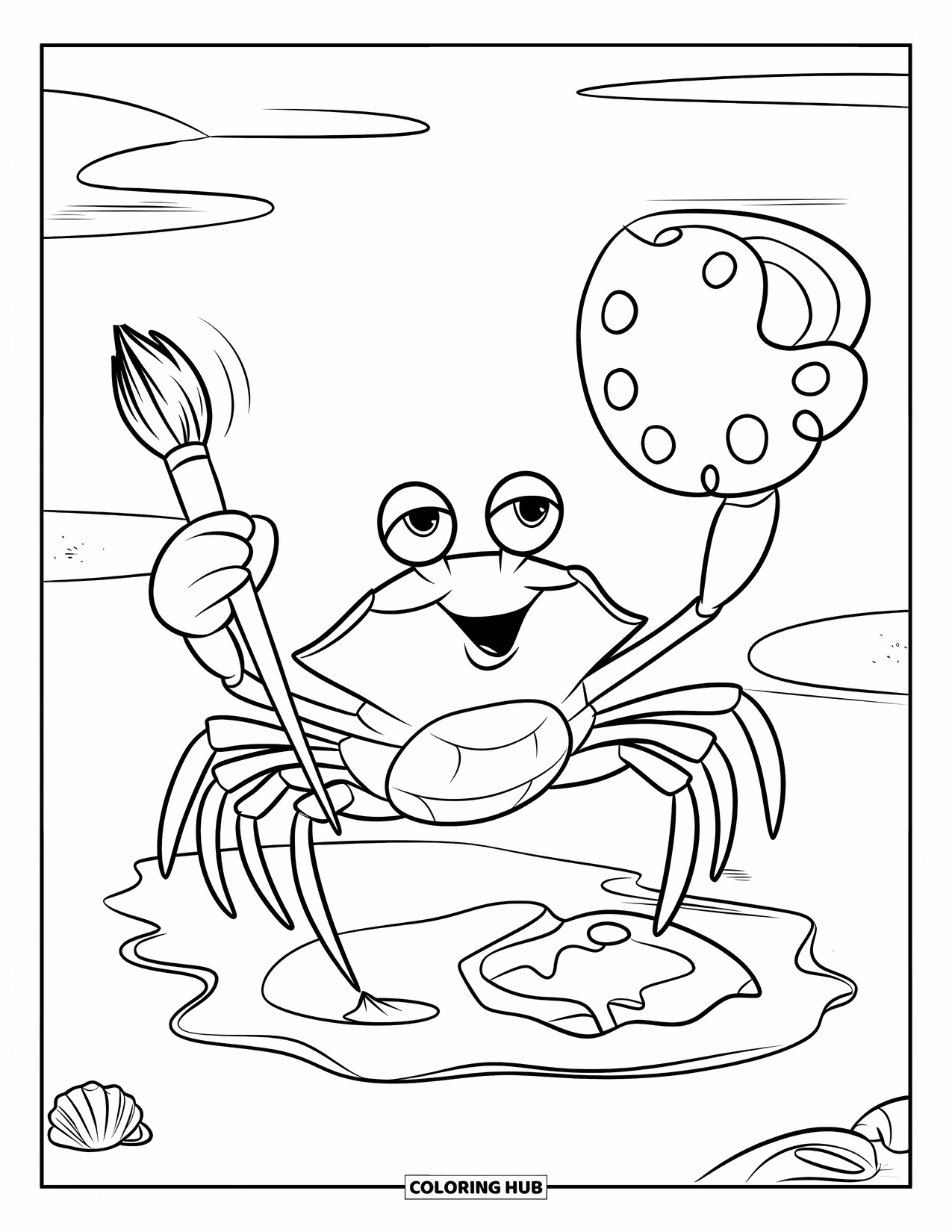 Desenho de Caranguejo para Colorir para Crianças: Um caranguejo alegre cria arte arenosa perto de ondas de praia calmas