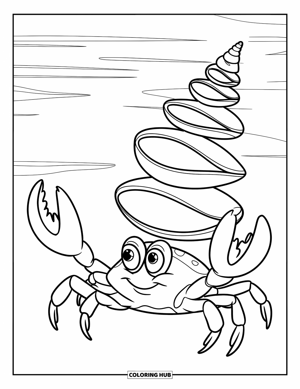 Desenho de Caranguejo para Colorir para Crianças: Um caranguejo alegre segura uma pilha alta de conchas em uma costa tranquila
