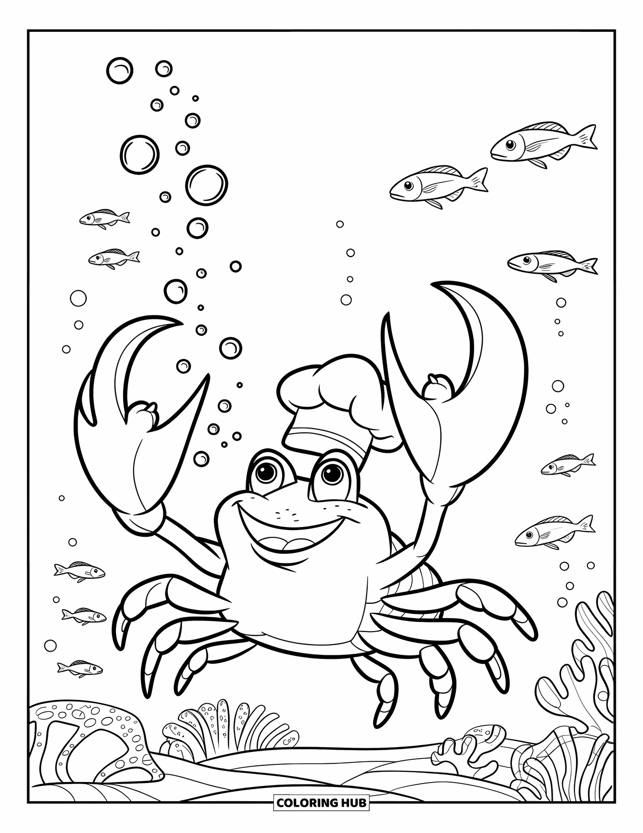 Desenho de Caranguejo para Colorir para Crianças: Um caranguejo alegre com um chapéu de chef sopra bolhas em um recife de coral
