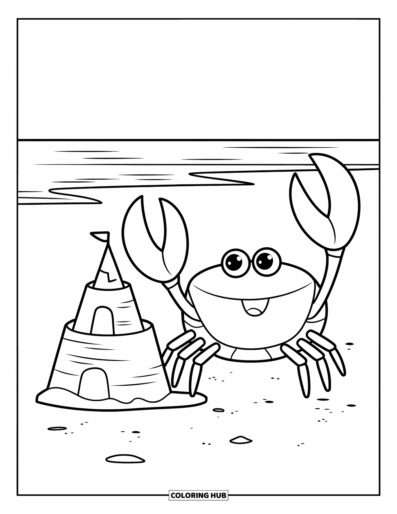Desenho de Caranguejo para Colorir para Crianças: Um caranguejo alegre posa ao lado de um castelo com ondas oceânicas ao longe