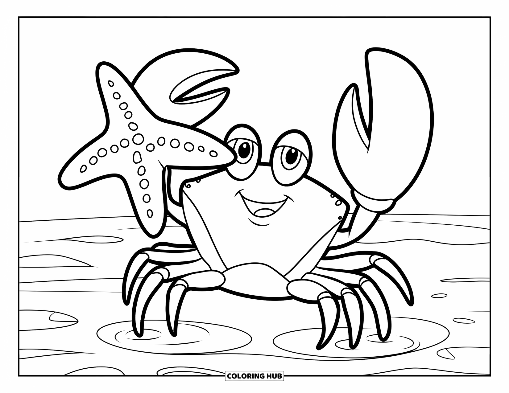Desenho de Caranguejo para Colorir para Crianças: Um caranguejo alegre levanta orgulhosamente uma grande estrela-do-mar com um sorriso feliz